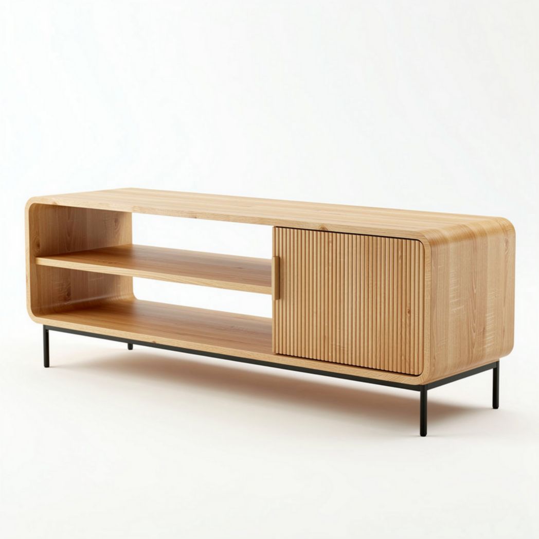 Wooden media console with open shelves and sliding door - 160 x 40 x 50cm