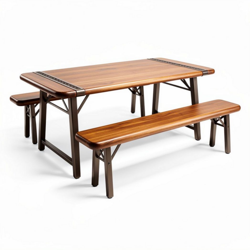 Folding outdoor picnic table set with metal frame - 200 x 75 x 75cm
